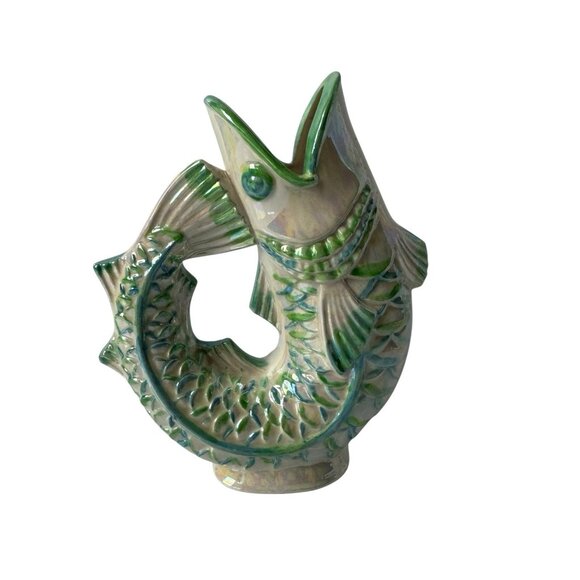 Vtg Studio Pottery 6” Gurgling Fish Vase Green Iredescent Finish Signed 1970s - Picture 2 of 9